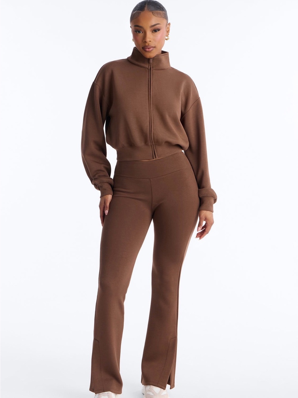 Women's High-Waist Brown Knit Flare Pants and jacket set